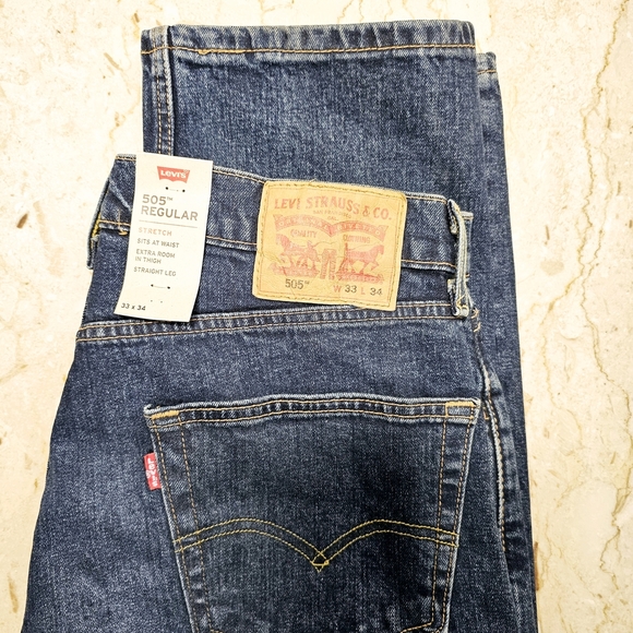 NWT Levi's Mens 505 Regular Stretch Straight Leg Dark Wash Blue Jeans 33x34 - Picture 3 of 5